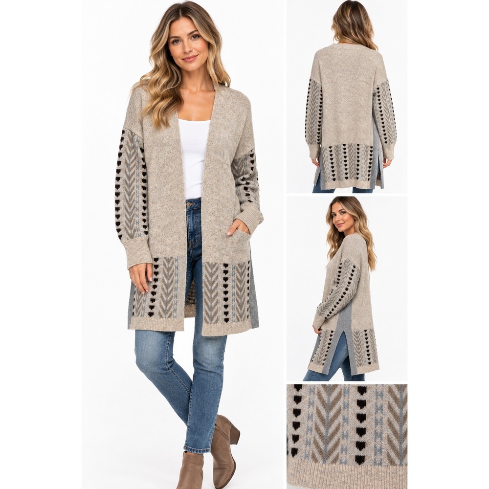 FRYE The Cozy Cardigan Women's Large Oatmeal Aztec Fair Isle Open Front Longline